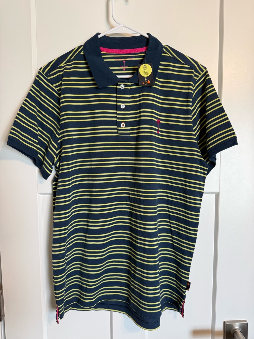 Margaritaville Navy & Lime Striped Men's Polo with sun protection